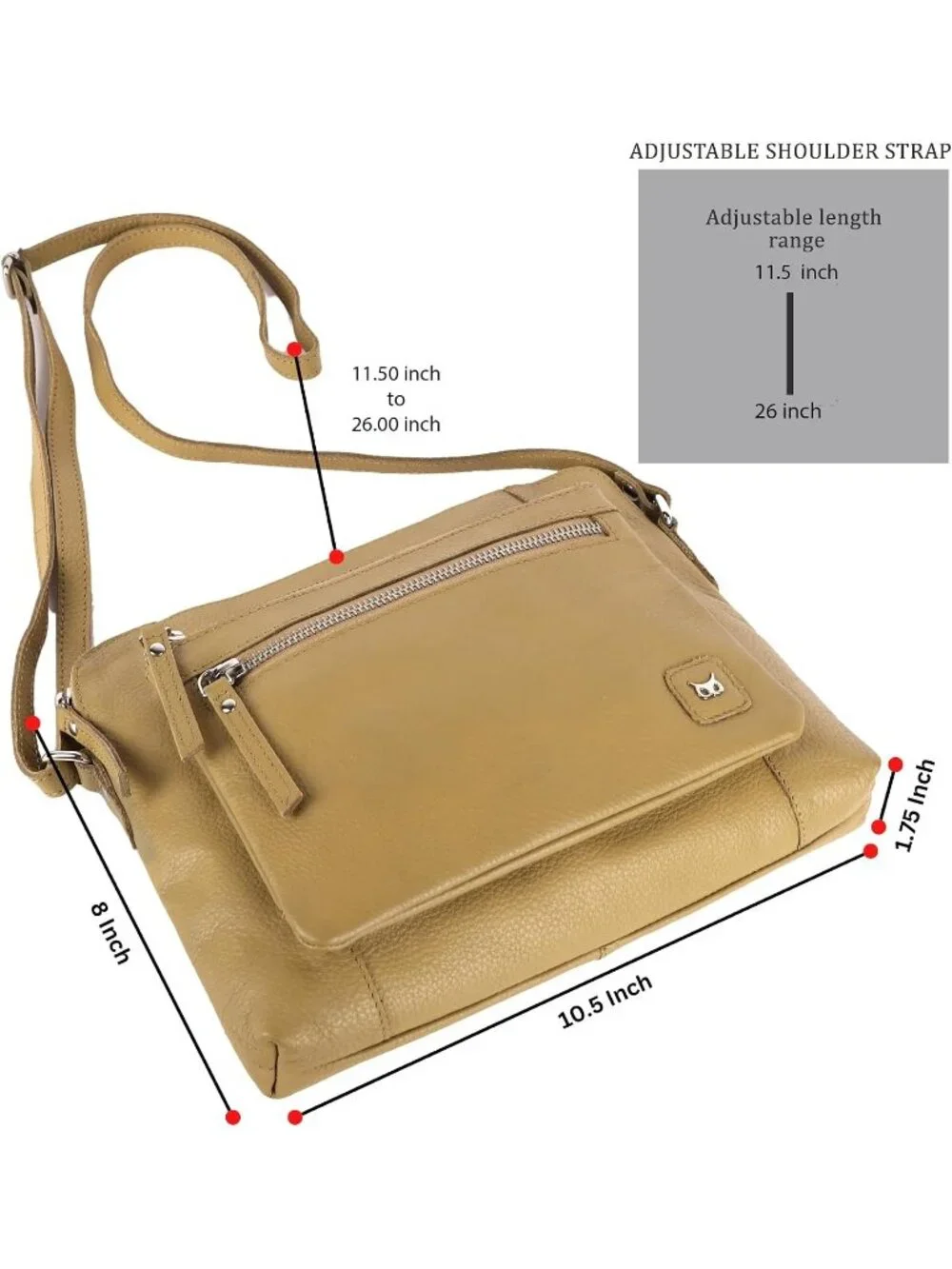 Women's Khaki Genuine Leather Sling Purse with Adjustable Strap Crossbody bag